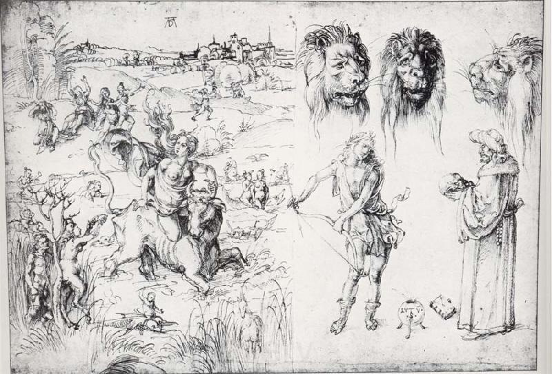Albrecht Durer Sketch Sheet with the Rape of Europa